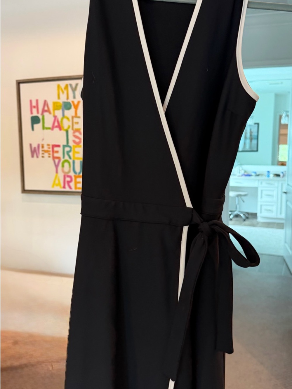 Carbon38 Black One-Shoulder Wrap Dress with White Trim